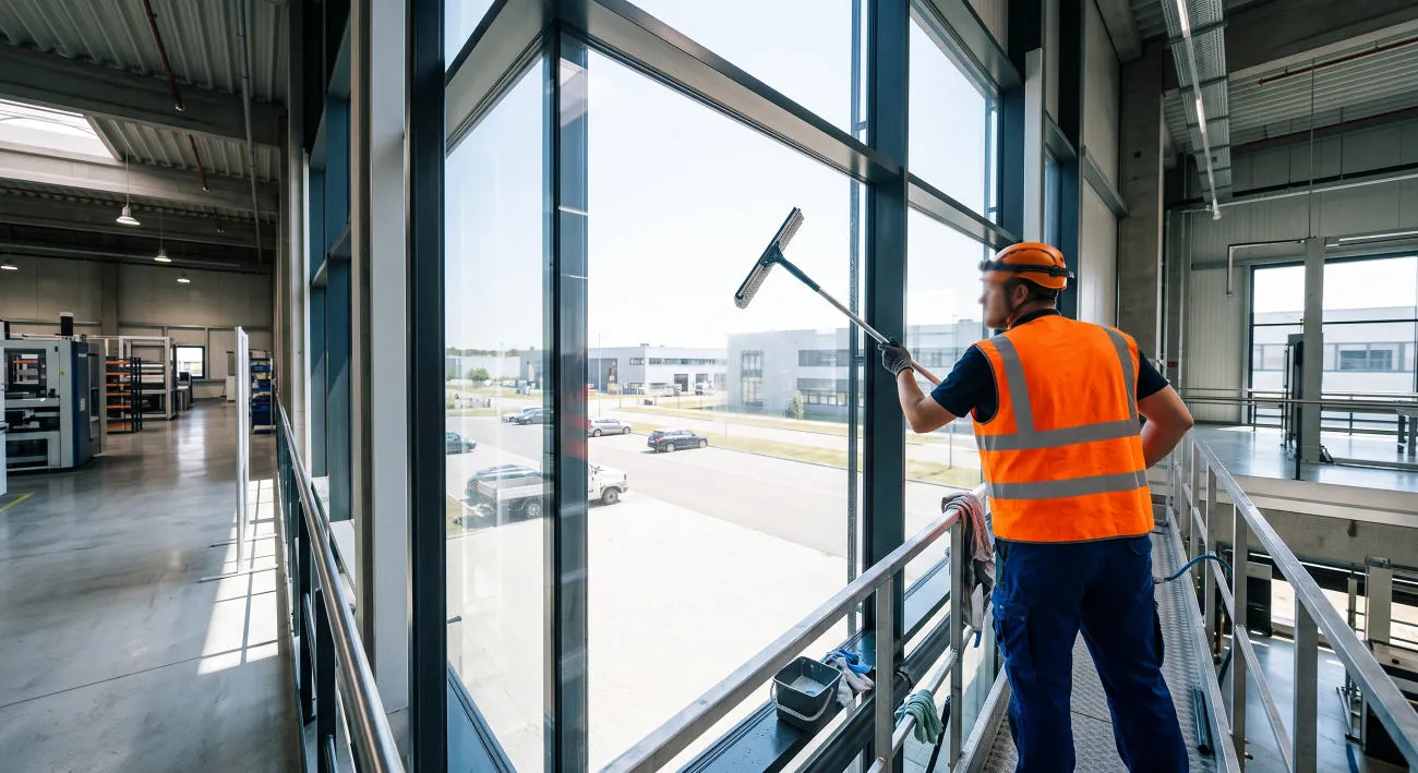 Reinigung einer großen Glasfläche mit Abzieher