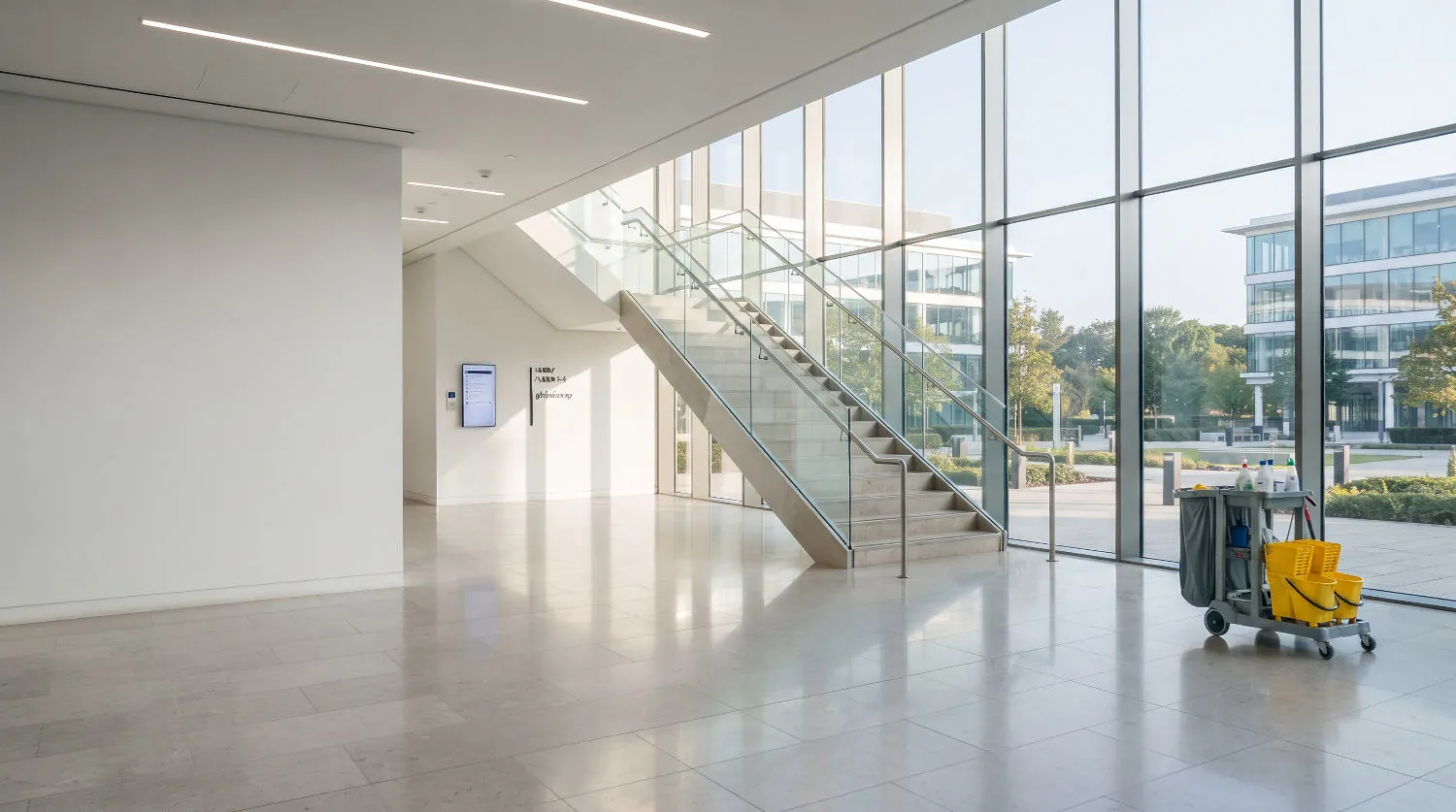 Helles Bürofoyer mit Glasfassade und Reinigungswagen