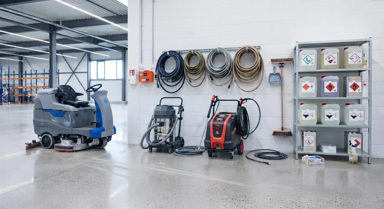 Scheuersaugmaschine, Industriesauger, Hochdruckreiniger und Reinigungsmittel im Lager