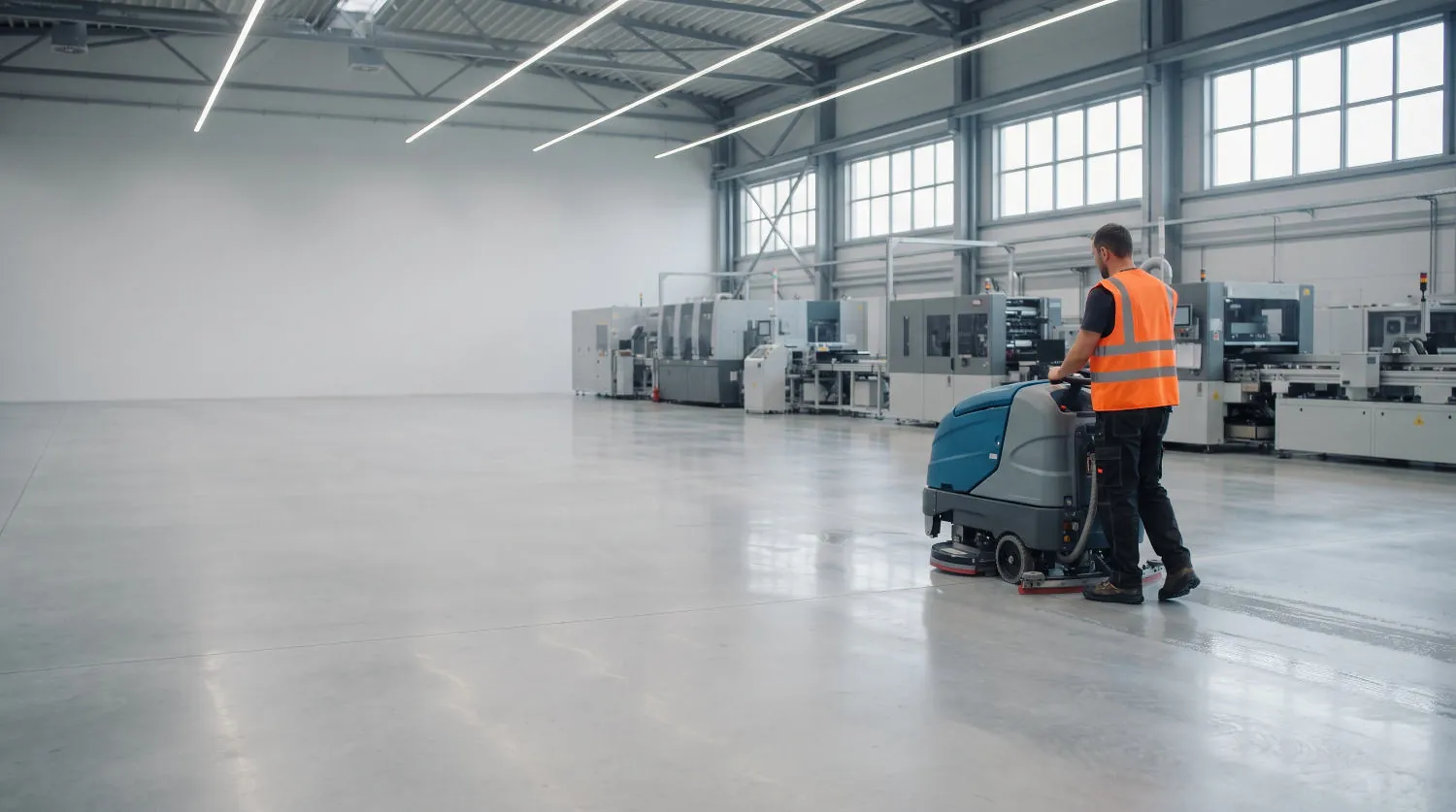 Mitarbeiter reinigt mit einer Scheuersaugmaschine den Boden einer Produktionshalle