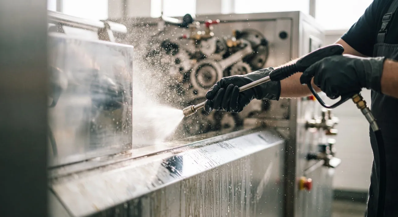 Reinigung einer Edelstahl-Produktionsanlage mit einer Hochdrucklanze