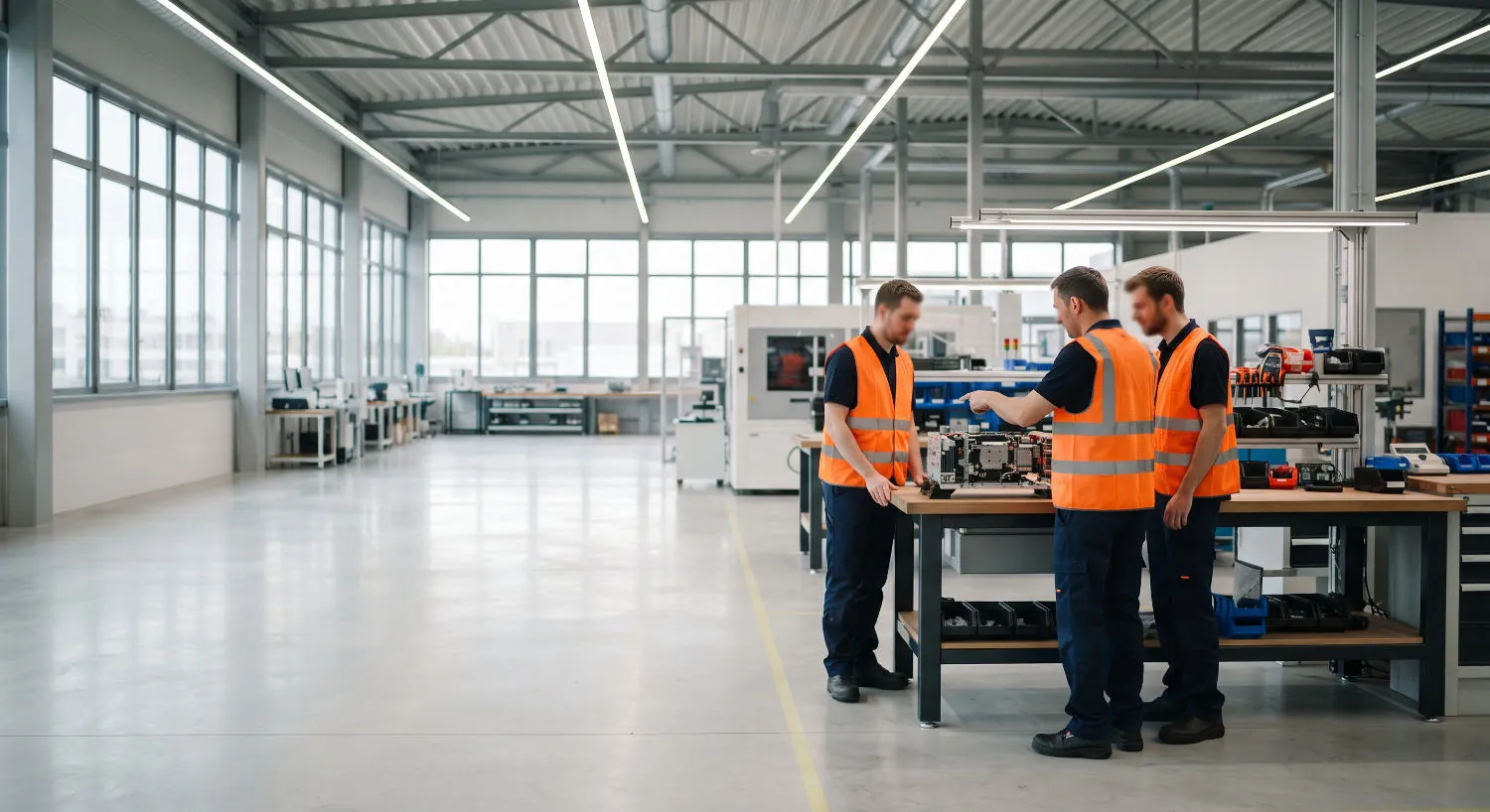 Drei Mitarbeiter in Warnwesten an einer Werkbank in einer hellen Produktionshalle